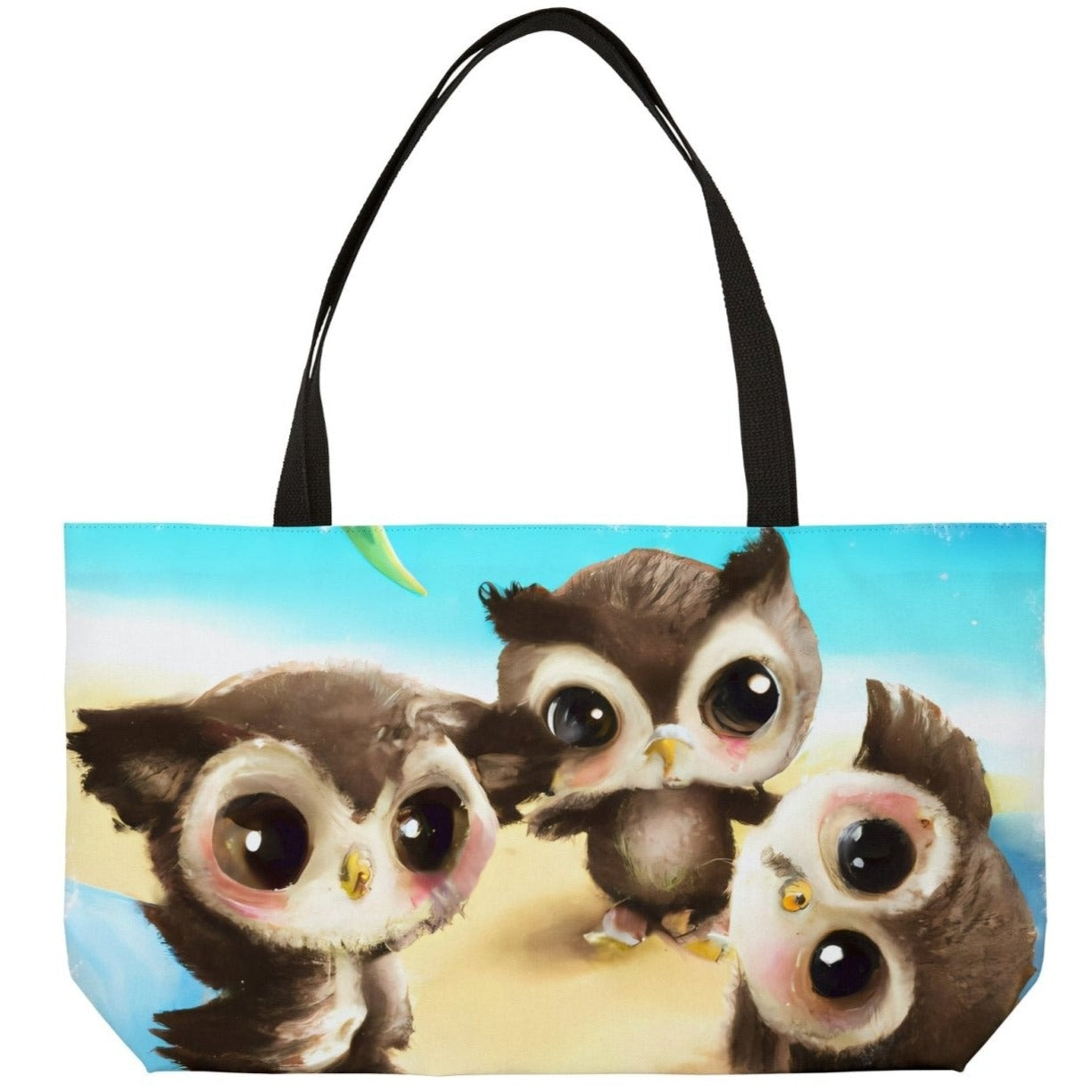Coastal Hoot Canvas Weekender Tote Bag, cute owl bag, owl themed tote - Subtle Blue M