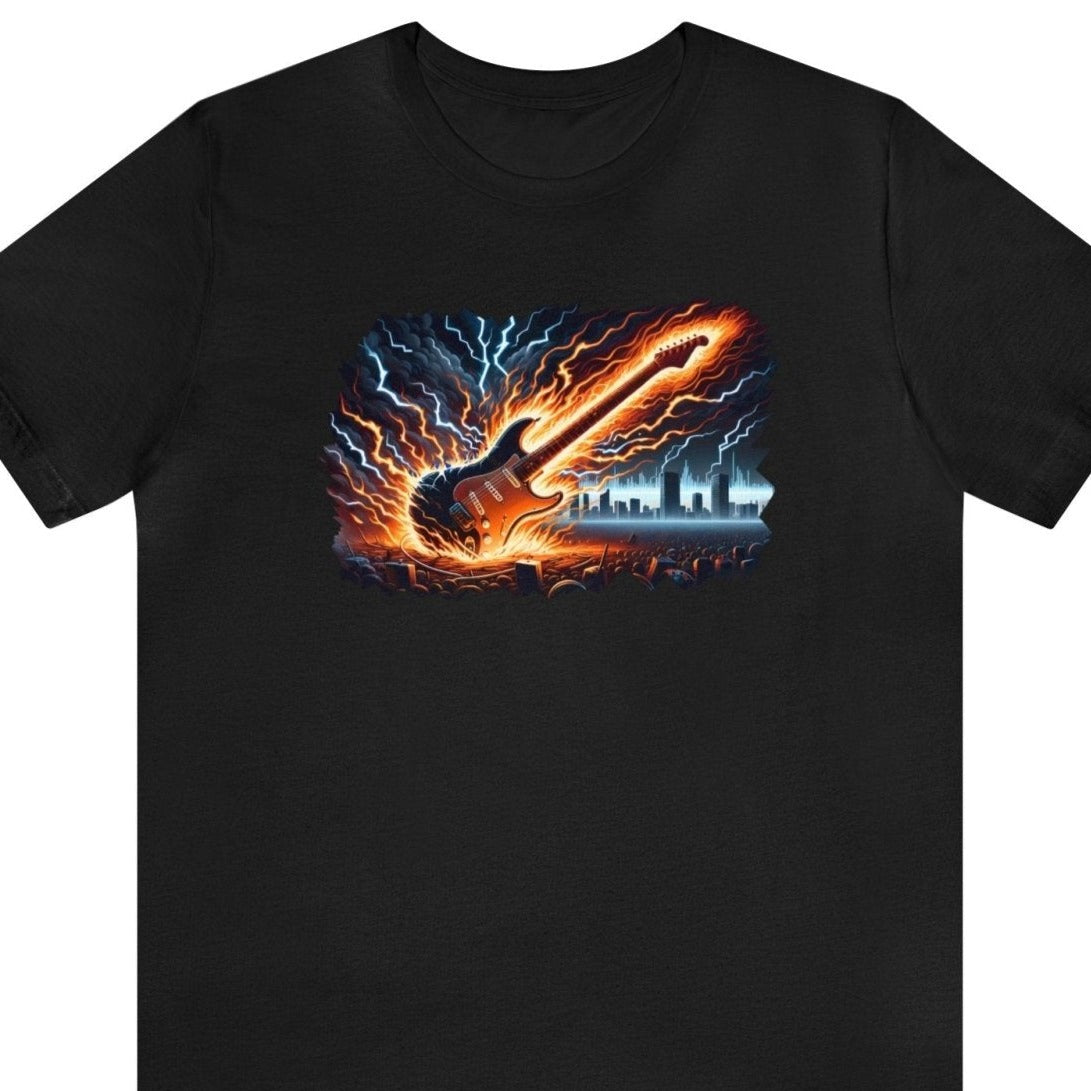 Fire and Lightning Guitar Short Sleeve Tee, classic rock apparel, guitar fashion, Black - Subtle Blue M