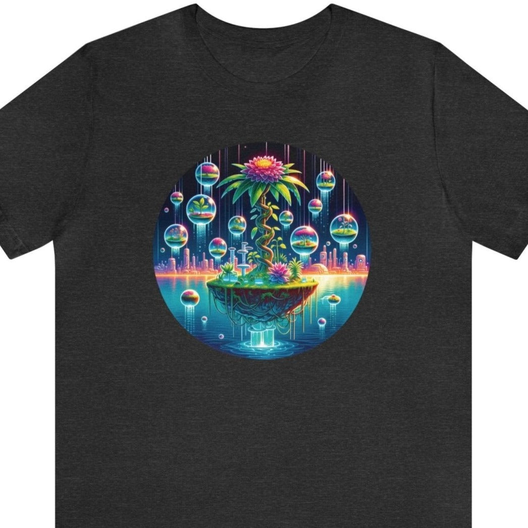 Floral Bubbles Unisex Short Sleeve Tee, botany nerd shirt, futuristic geek shirt, Dark Grey Heather - Subtle Blue M
