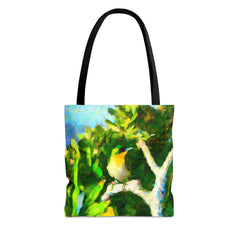 Green Cap Tropical Bird Tote Bag (AOP), birdwatching accessories, bird inspired fashion - Subtle Blue M