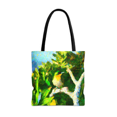 Green Cap Tropical Bird Tote Bag (AOP), birdwatching accessories, bird inspired fashion - Subtle Blue M