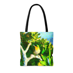 Green Cap Tropical Bird Tote Bag (AOP), birdwatching accessories, bird inspired fashion - Subtle Blue M