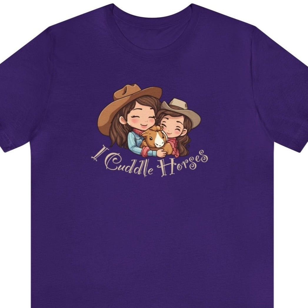 I Cuddle Horses Unisex Short Sleeve Tee, horse lover shirt, equestrian style, horse fashion, Team Purple - Subtle Blue M