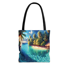 Lagoon Luxe Tote Bag, tropical island tote, paradise painting bag - Subtle Blue M
