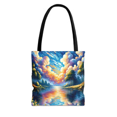 Lakeside Calm Tote Bag, serene lake bag, nature tote, wilderness art - Subtle Blue M