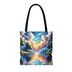 Lakeside Calm Tote Bag, serene lake bag, nature tote, wilderness art - Subtle Blue M