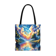 Lakeside Calm Tote Bag, serene lake bag, nature tote, wilderness art - Subtle Blue M