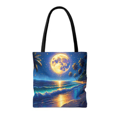 Moonlit Mystique Tote Bag, beach tote, moonlit beach painting bag - Subtle Blue M