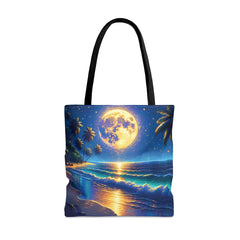 Moonlit Mystique Tote Bag, beach tote, moonlit beach painting bag - Subtle Blue M