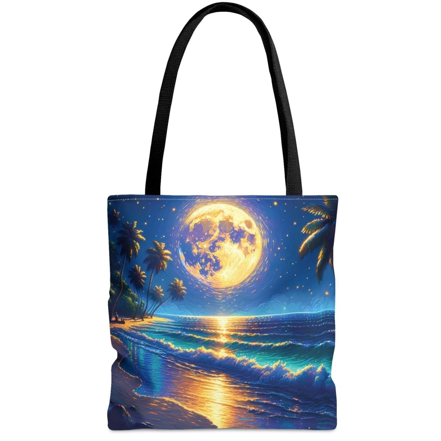 Moonlit Mystique Tote Bag, beach tote, moonlit beach painting bag - Subtle Blue M