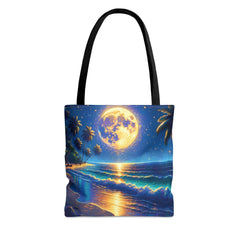 Moonlit Mystique Tote Bag, beach tote, moonlit beach painting bag - Subtle Blue M