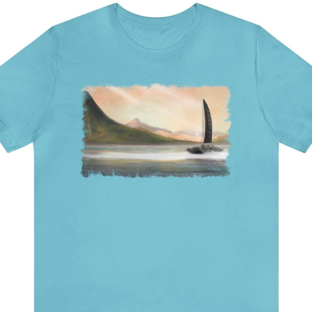 Mystery Island Sailboat 1 Unisex T-Shirt, nautical-inspired apparel, catamaran shirt - Subtle Blue M