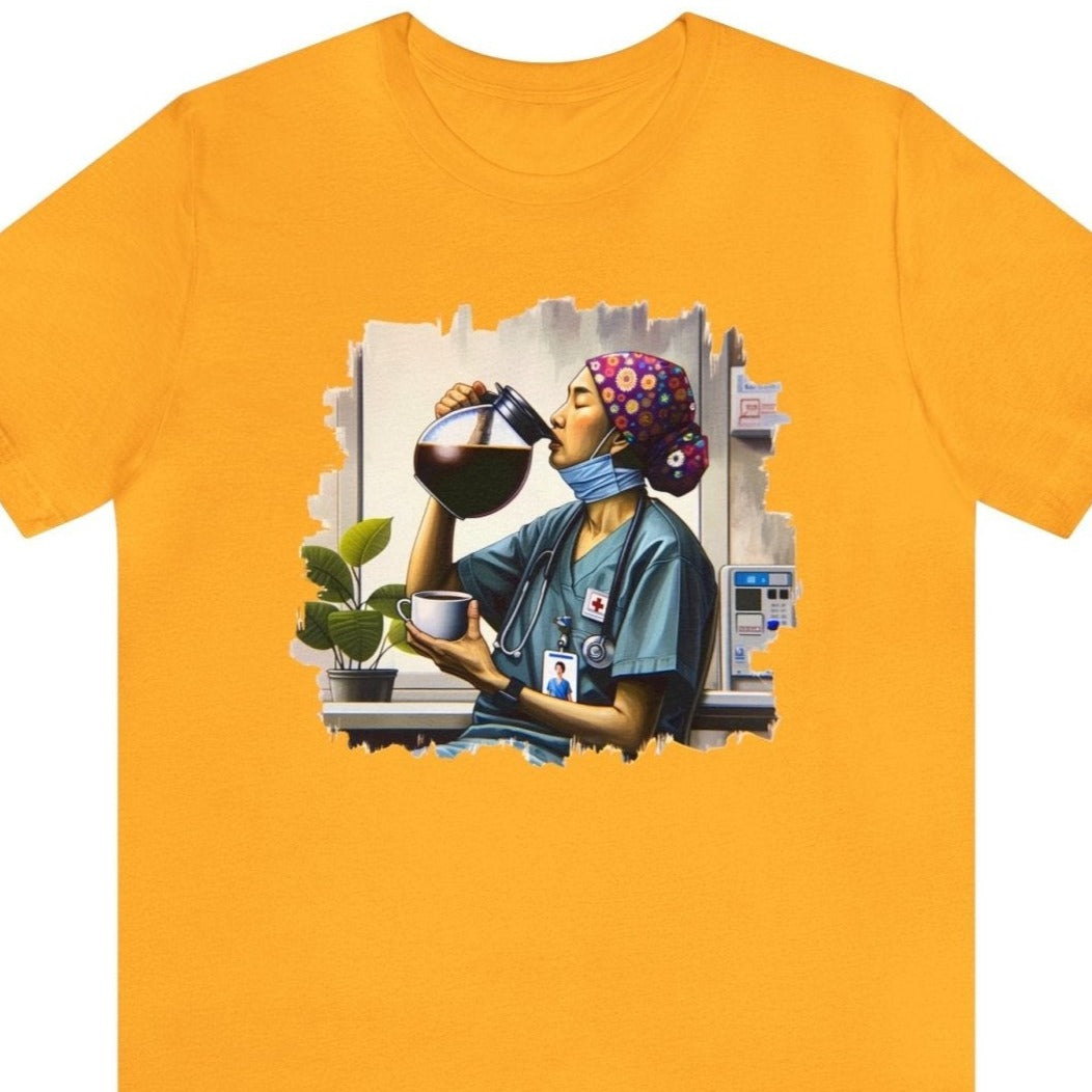 Nurses' Caffeine Lifeline Unisex Short Sleeve Tee, coffee nurse shirt, nursing apparel, nurse humor, Gold - Subtle Blue M