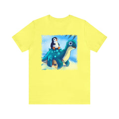 Penguin Dino Ride Unisex T-Shirt, penguin themed shirt, dinosaur apparel, funny shirt, Yellow - Subtle Blue M