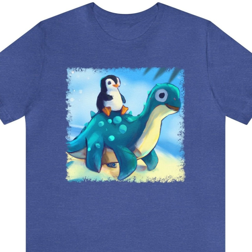Penguin Dino Ride Unisex T-Shirt, penguin themed shirt, dinosaur apparel, funny shirt, Heather True Royal - Subtle Blue M