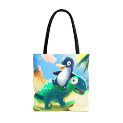 Penguin Dino Tote Bag, cute penguin bag, funny dinosaur tote, unlikely friends bag - Subtle Blue M