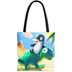 Penguin Dino Tote Bag, cute penguin bag, funny dinosaur tote, unlikely friends bag - Subtle Blue M