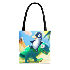 Penguin Dino Tote Bag, cute penguin bag, funny dinosaur tote, unlikely friends bag - Subtle Blue M
