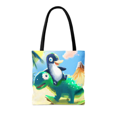 Penguin Dino Tote Bag, cute penguin bag, funny dinosaur tote, unlikely friends bag - Subtle Blue M
