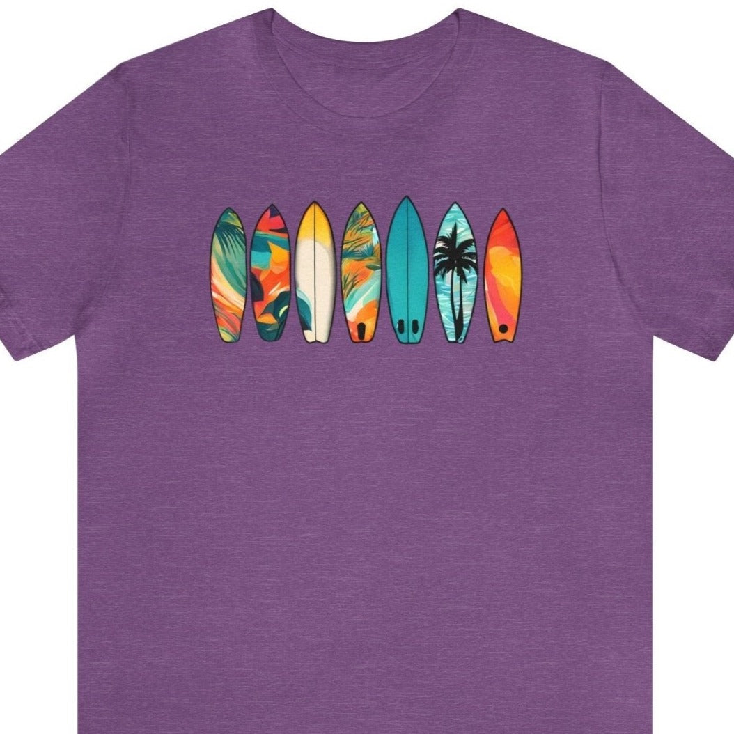 Sufboard Lineup Unisex Short Sleeve Tee, surfing apparel, beach shirt, Heather Team Purple - Subtle Blue M