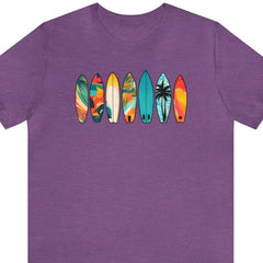 Sufboard Lineup Unisex Short Sleeve Tee, surfing apparel, beach shirt, Heather Team Purple - Subtle Blue M