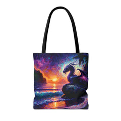 Sunset Black Dragon Tote Bag, dungeons & dragons inspired tote, nerd accessories, geek bag - Subtle Blue M