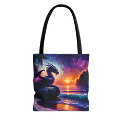 Sunset Black Dragon Tote Bag, dungeons & dragons inspired tote, nerd accessories, geek bag - Subtle Blue M