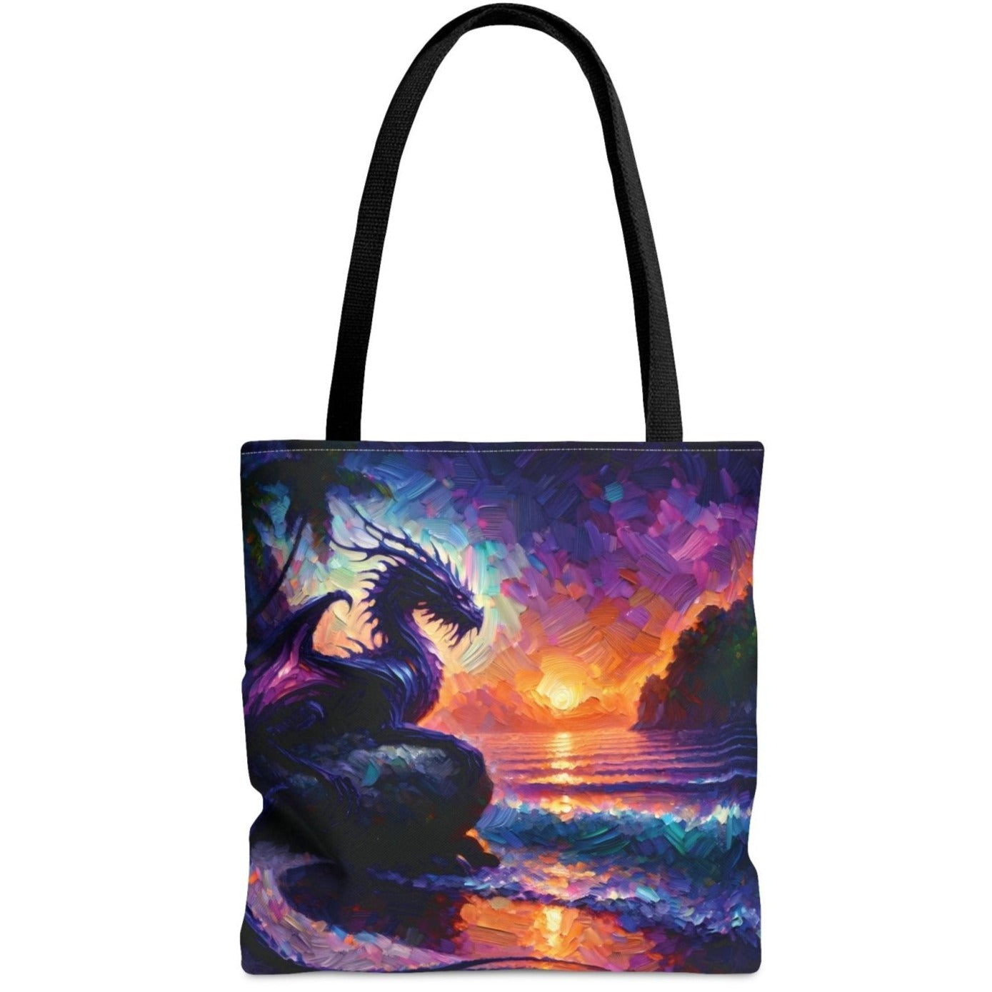 Sunset Black Dragon Tote Bag, dungeons & dragons inspired tote, nerd accessories, geek bag - Subtle Blue M