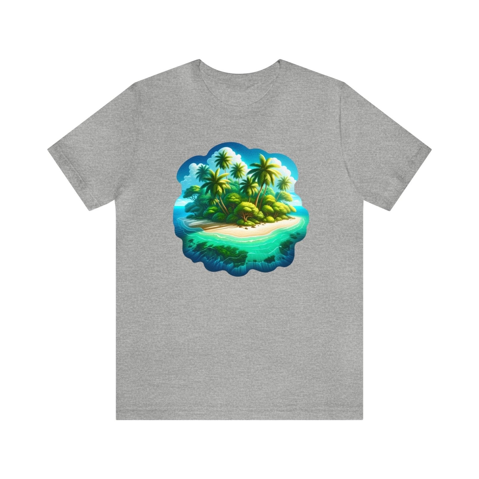 Tropical Island Dream Unisex Short Sleeve Tee, beach apparel, island fashion, Athletic Heather - Subtle Blue M