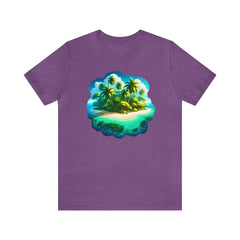 Tropical Island Dream Unisex Short Sleeve Tee, beach apparel, island fashion, Heather Team Purple - Subtle Blue M