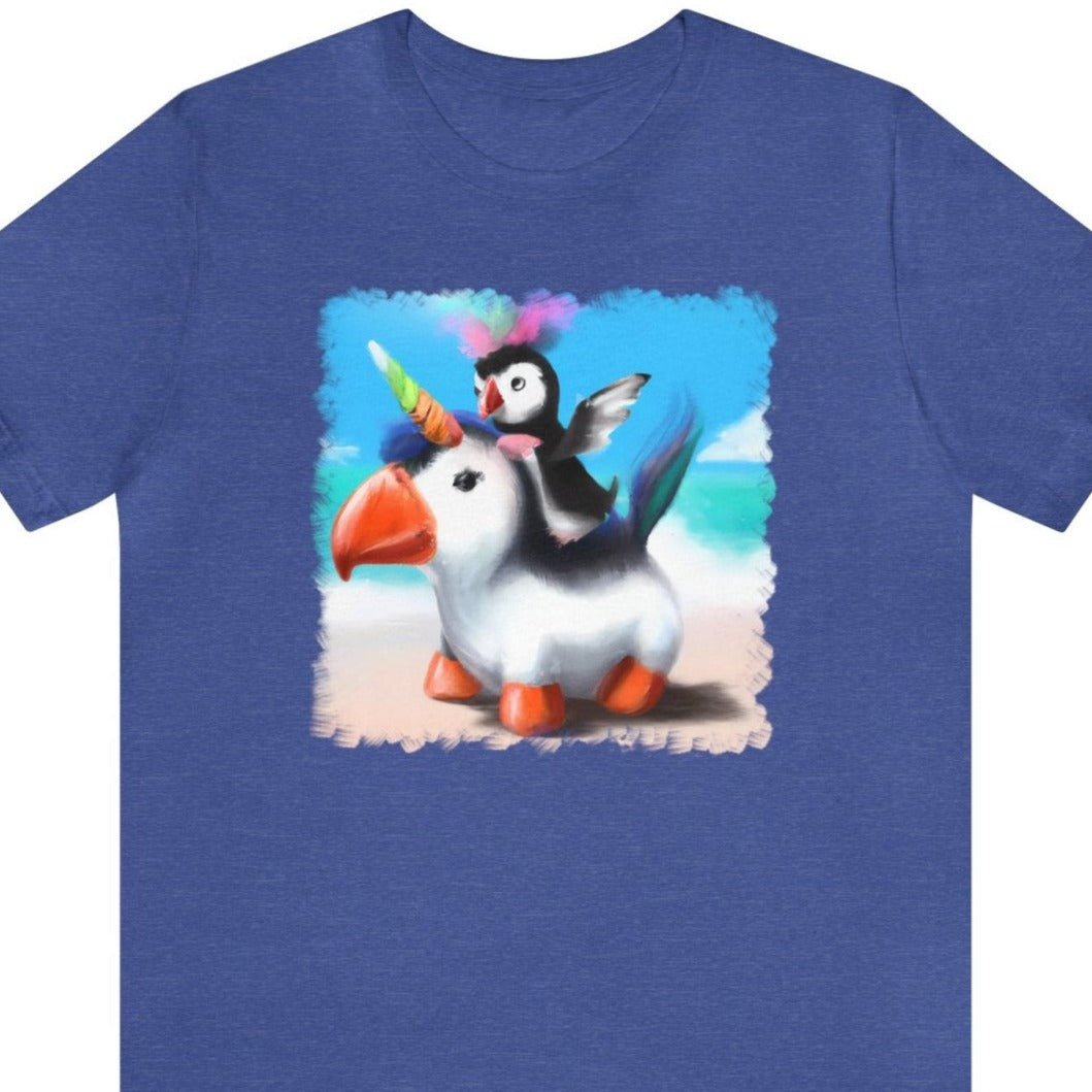 Unicorn Puffin 1 Unisex T-Shirt, unicorn fashion, penguin princess shirt, funny shirt, Heather True Royal - Subtle Blue M