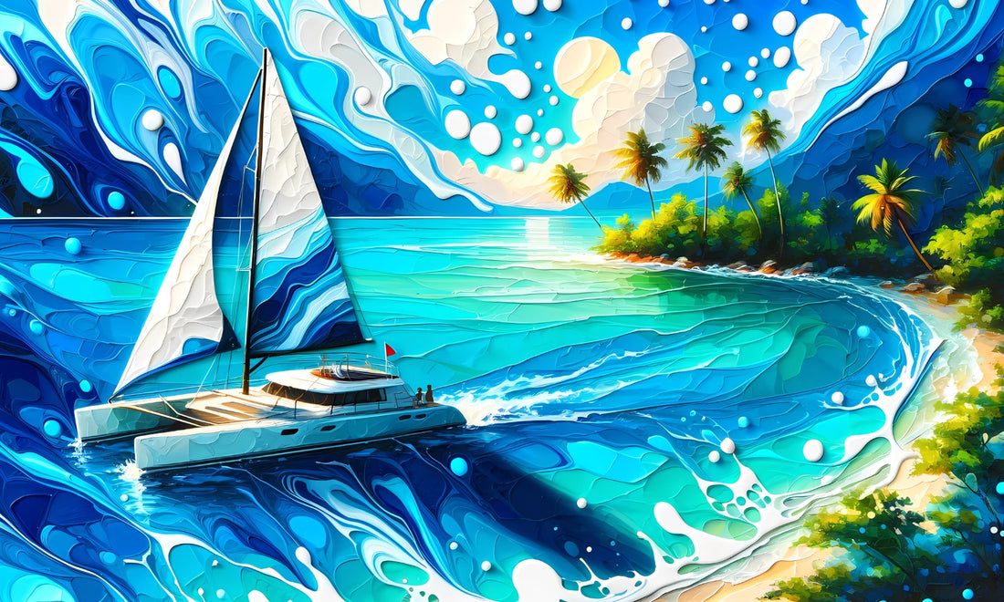 Catamaran in Lagoon, Sailing and Travel, nautical themed apparel, boat-inspired fashion, marine-themed prints - Subtle Blue M