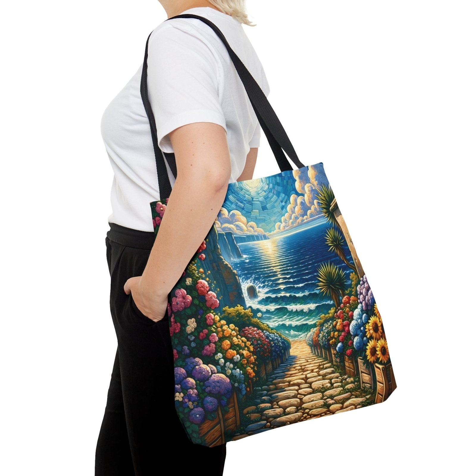 Blossoming Beachway Tote Bag, coastal art bag, seaside tote - Subtle Blue M