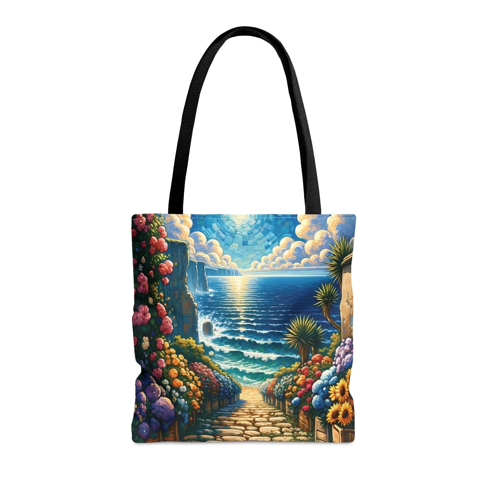 Blossoming Beachway Tote Bag, coastal art bag, seaside tote - Subtle Blue M