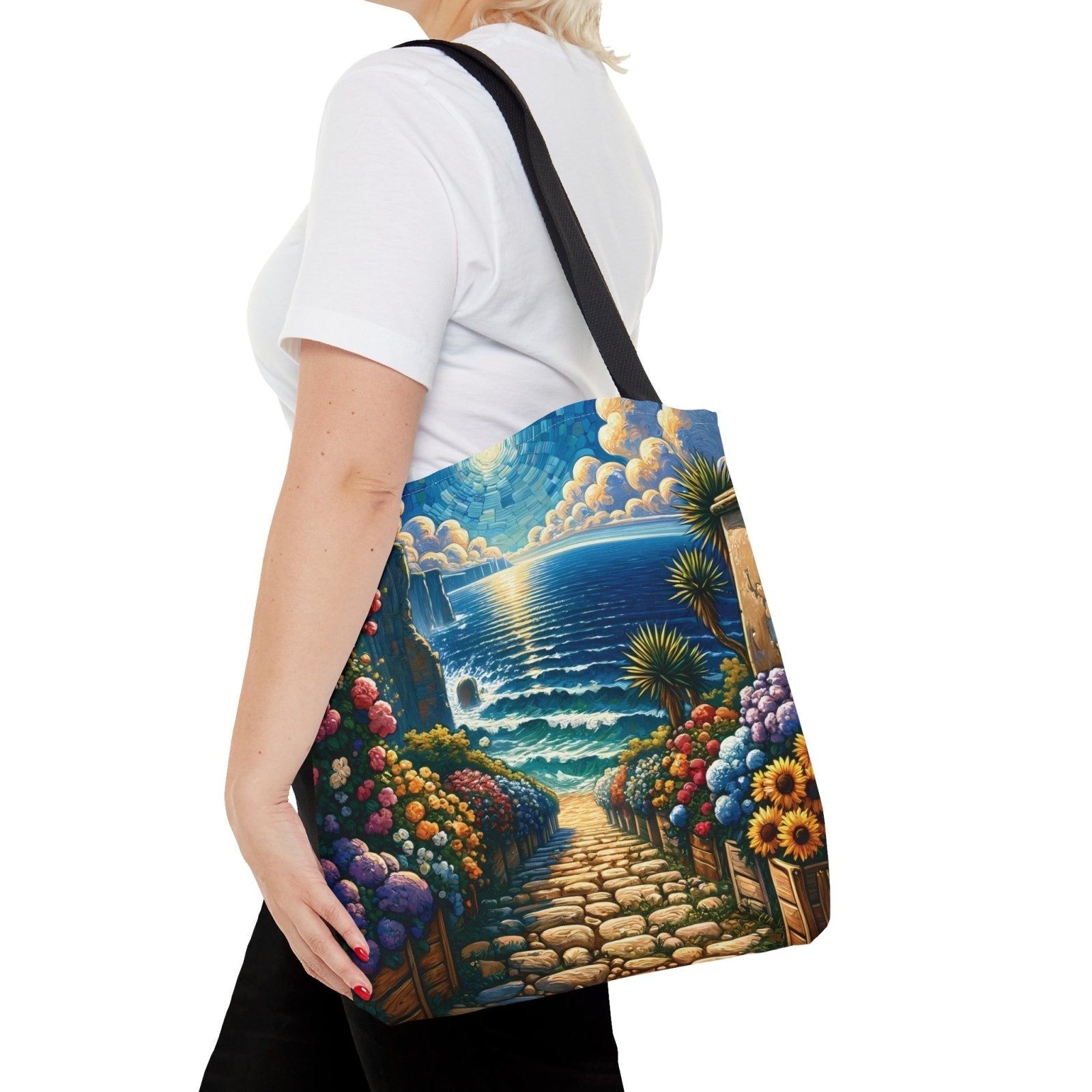 Blossoming Beachway Tote Bag, coastal art bag, seaside tote - Subtle Blue M