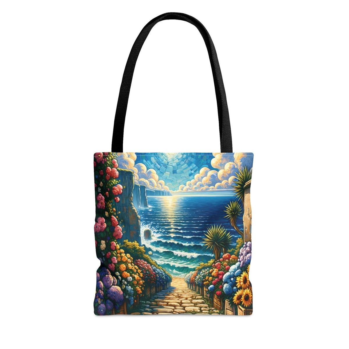 Blossoming Beachway Tote Bag, coastal art bag, seaside tote - Subtle Blue M