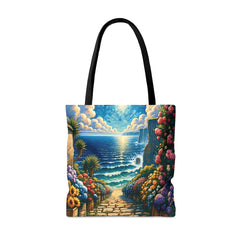 Blossoming Beachway Tote Bag, coastal art bag, seaside tote - Subtle Blue M