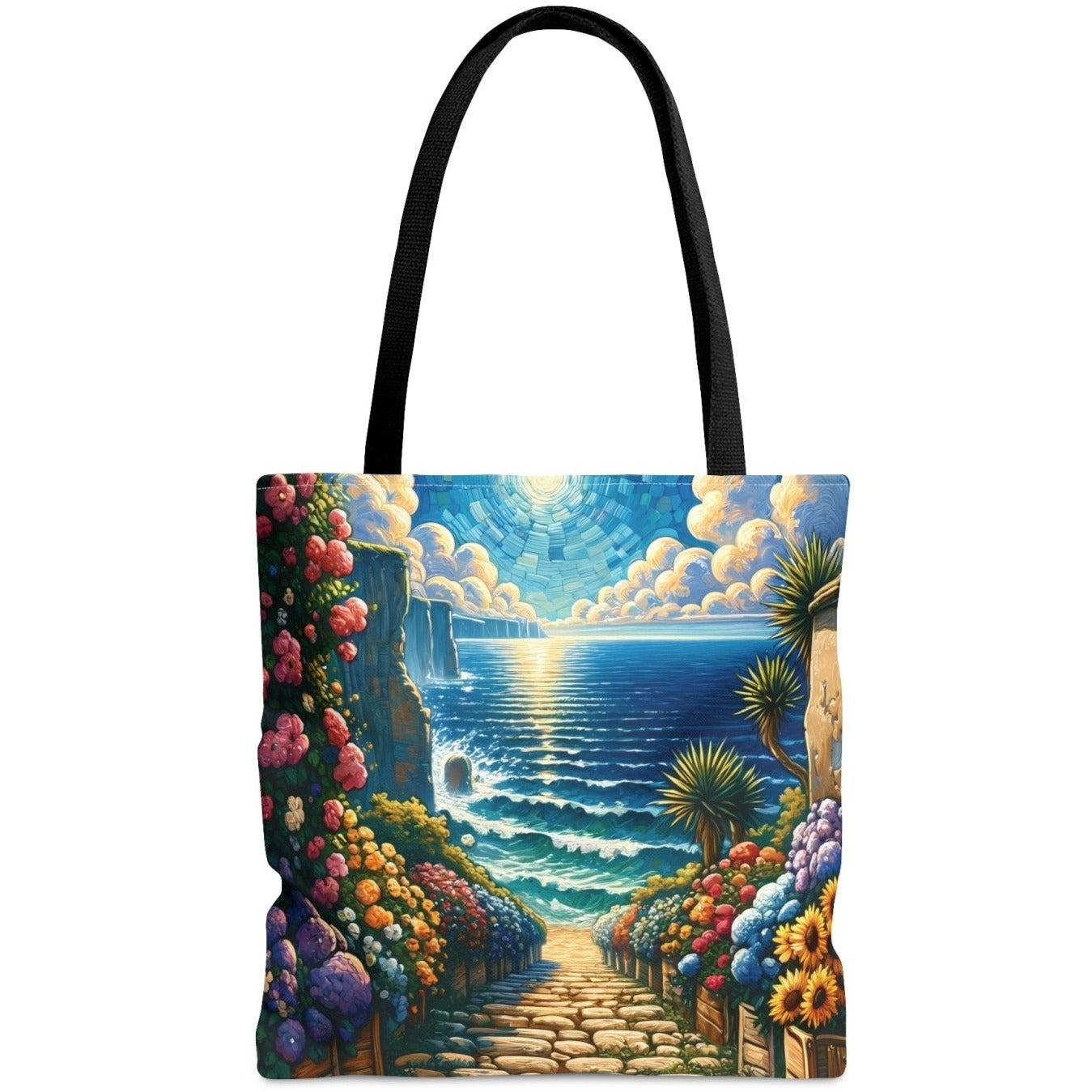 Blossoming Beachway Tote Bag, coastal art bag, seaside tote - Subtle Blue M