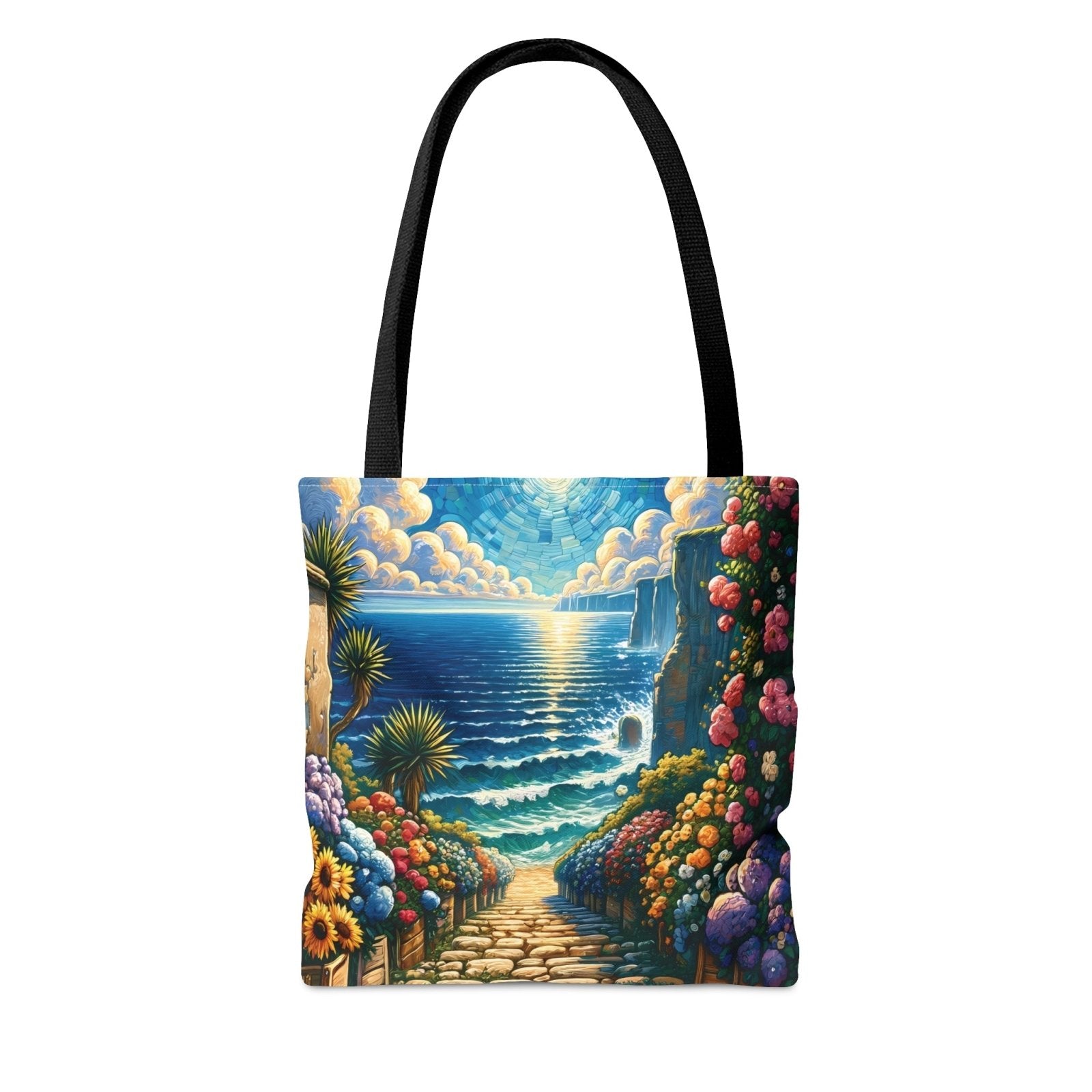 Blossoming Beachway Tote Bag, coastal art bag, seaside tote - Subtle Blue M