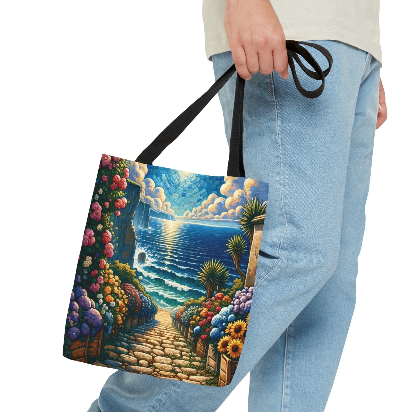 Blossoming Beachway Tote Bag, coastal art bag, seaside tote - Subtle Blue M