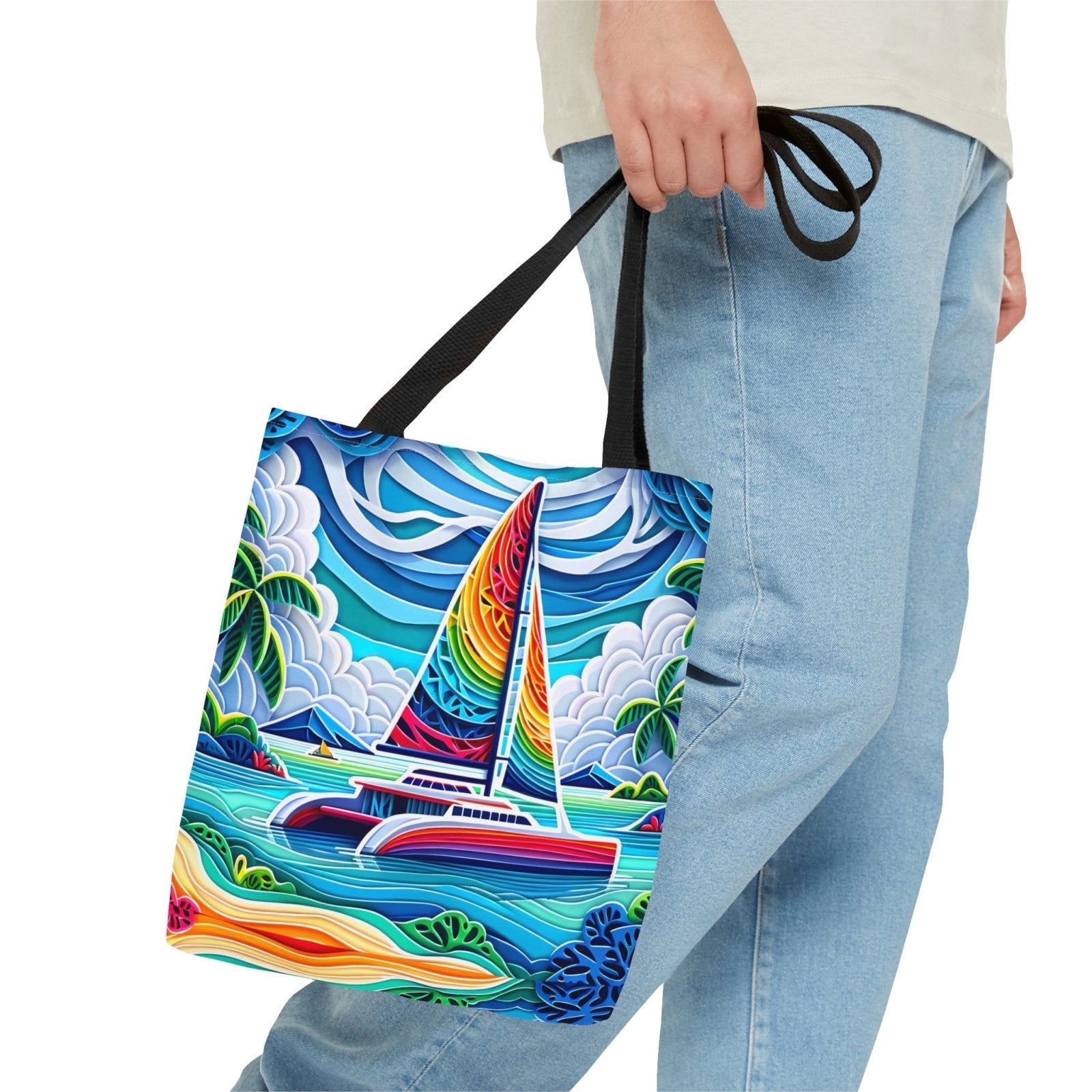 Colorful Cut Paper Catamaran Tote Bag - Subtle Blue M