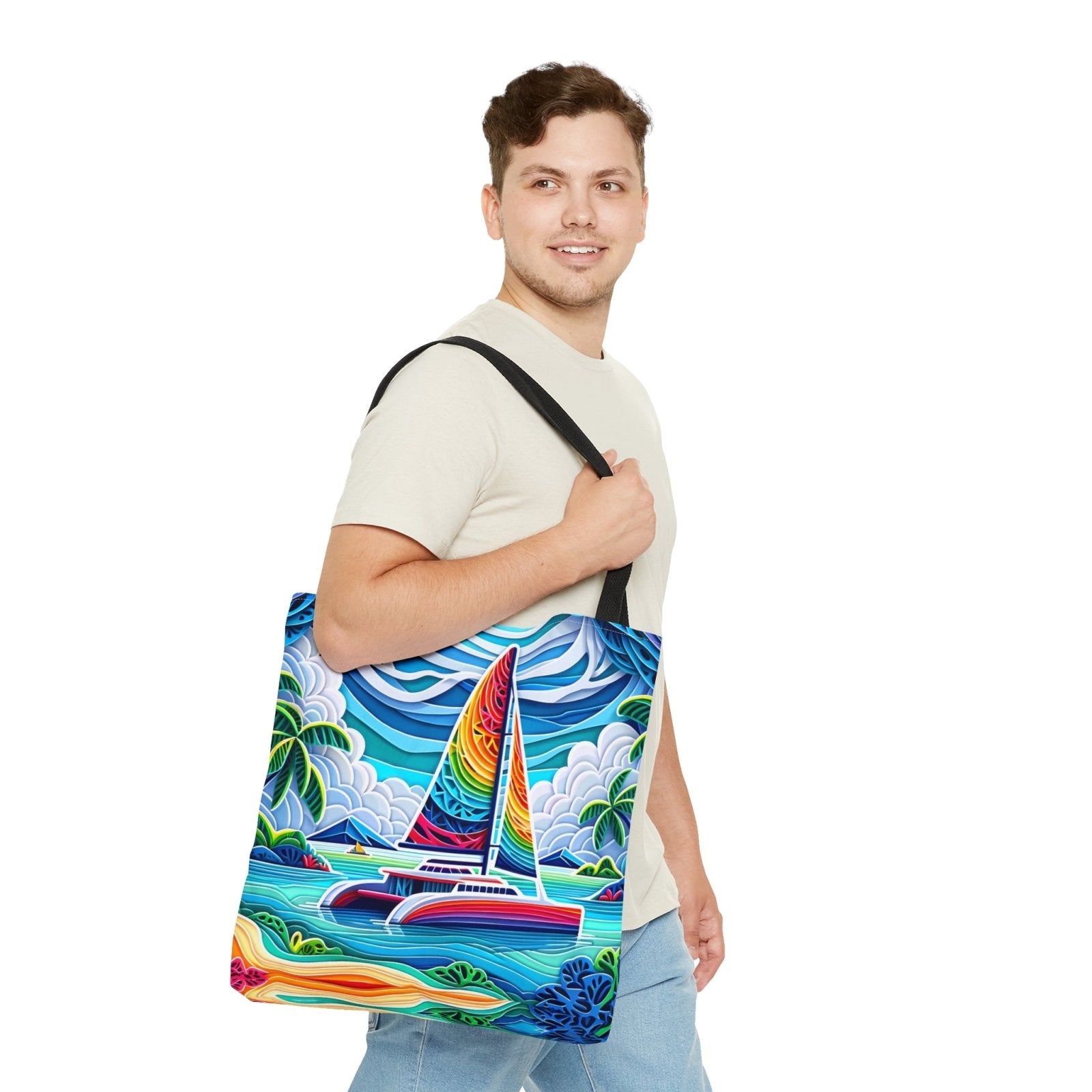 Colorful Cut Paper Catamaran Tote Bag - Subtle Blue M