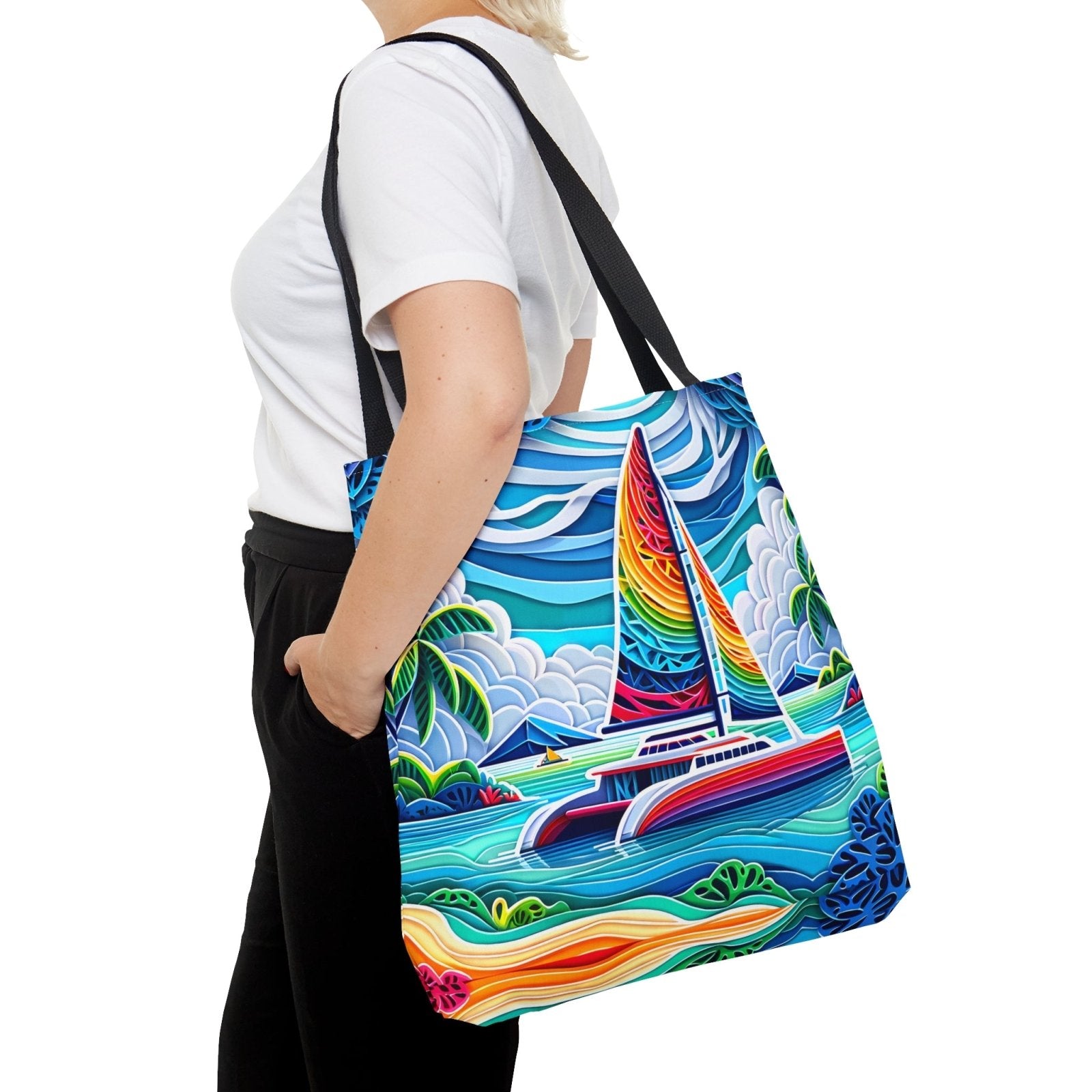 Colorful Cut Paper Catamaran Tote Bag - Subtle Blue M