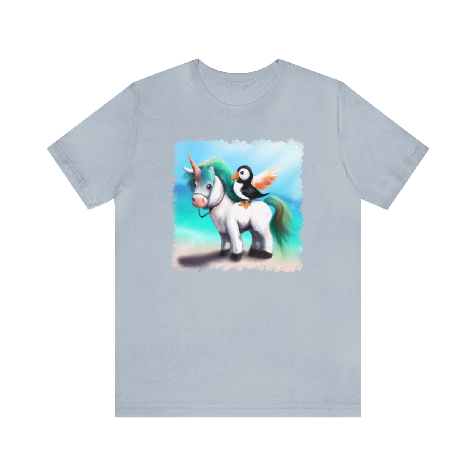 Enchanted Puffin and Fluffy Unicorn Unisex T-Shirt - Subtle Blue M