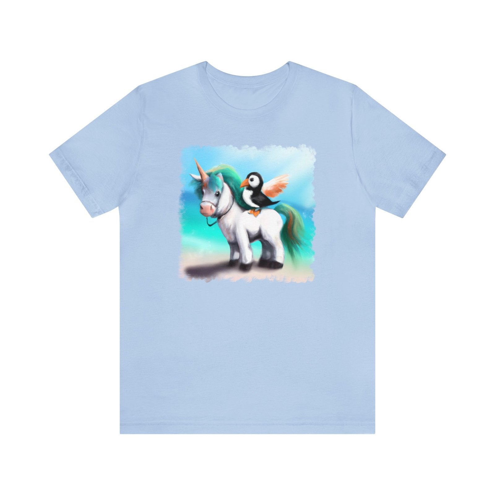 Enchanted Puffin and Fluffy Unicorn Unisex T-Shirt - Subtle Blue M