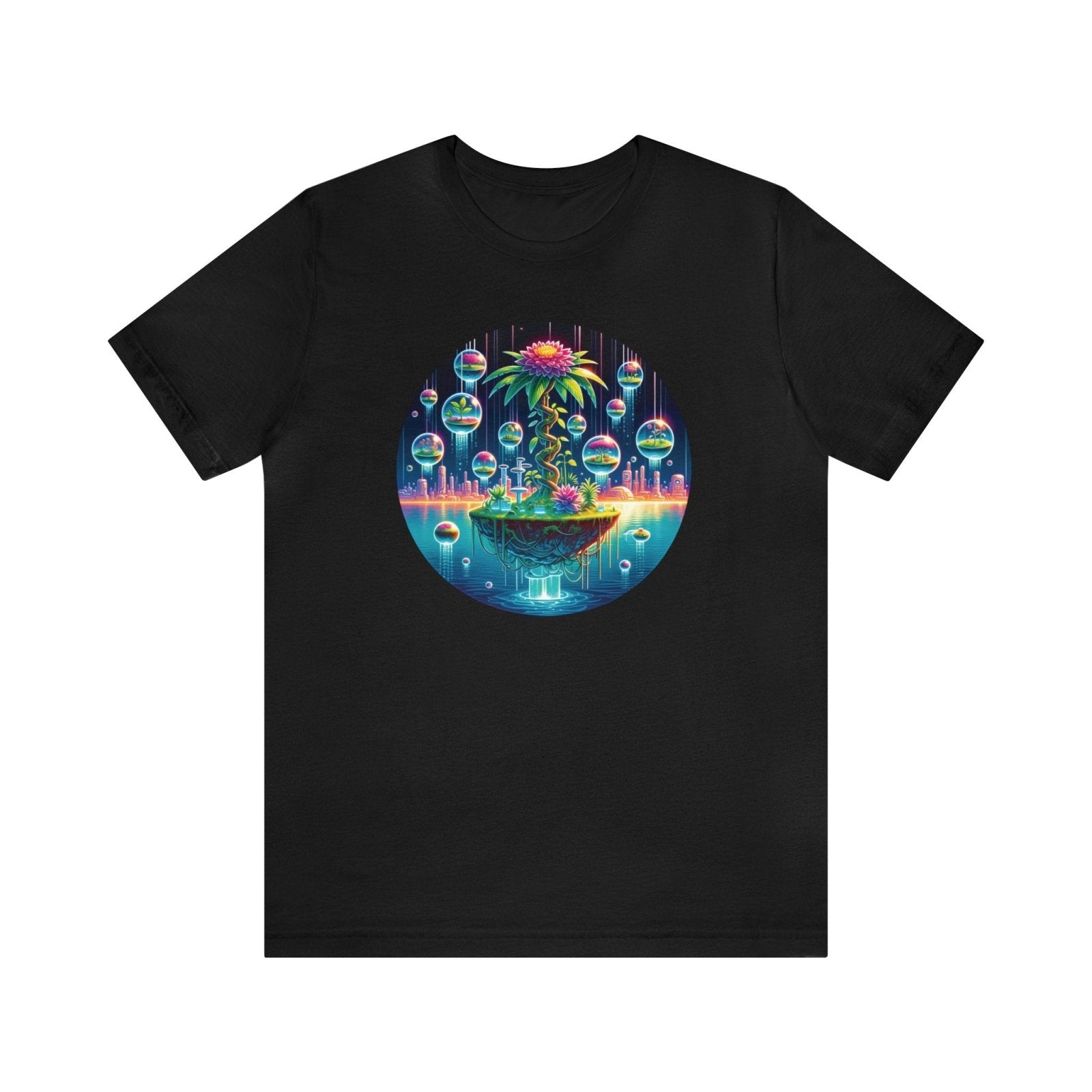 Floral Bubbles Unisex Short Sleeve Tee, botany nerd shirt, futuristic geek shirt, Black - Subtle Blue M