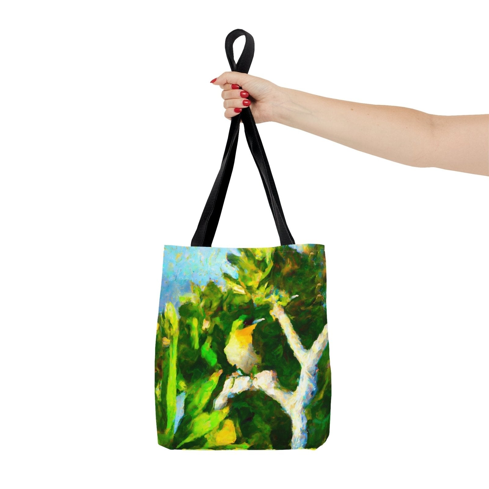 Green Cap Tropical Bird Tote Bag (AOP), birdwatching accessories, bird inspired fashion - Subtle Blue M