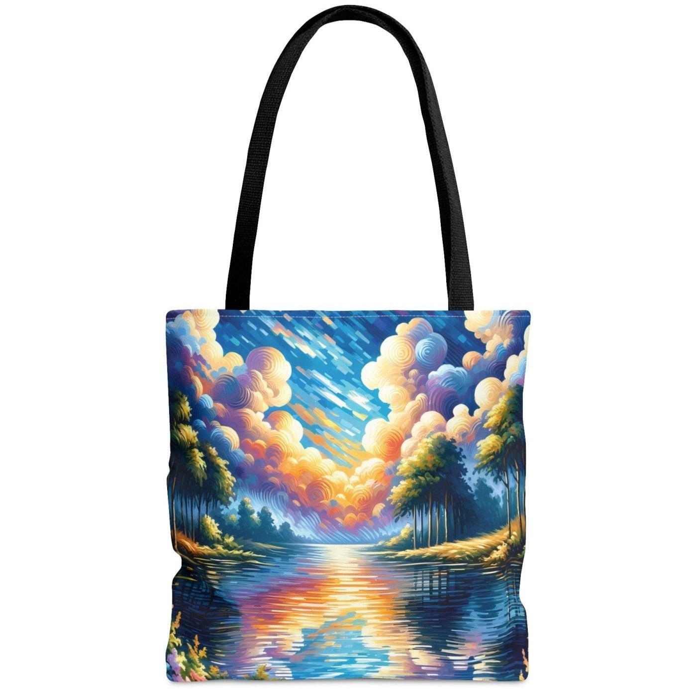 Lakeside Calm Tote Bag, serene lake bag, nature tote, wilderness art - Subtle Blue M
