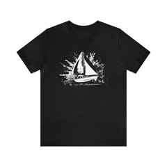 Monochrome Mariner Unisex Short Sleeve Tee, abstract sailboat shirt, sailing fashion, Black - Subtle Blue M