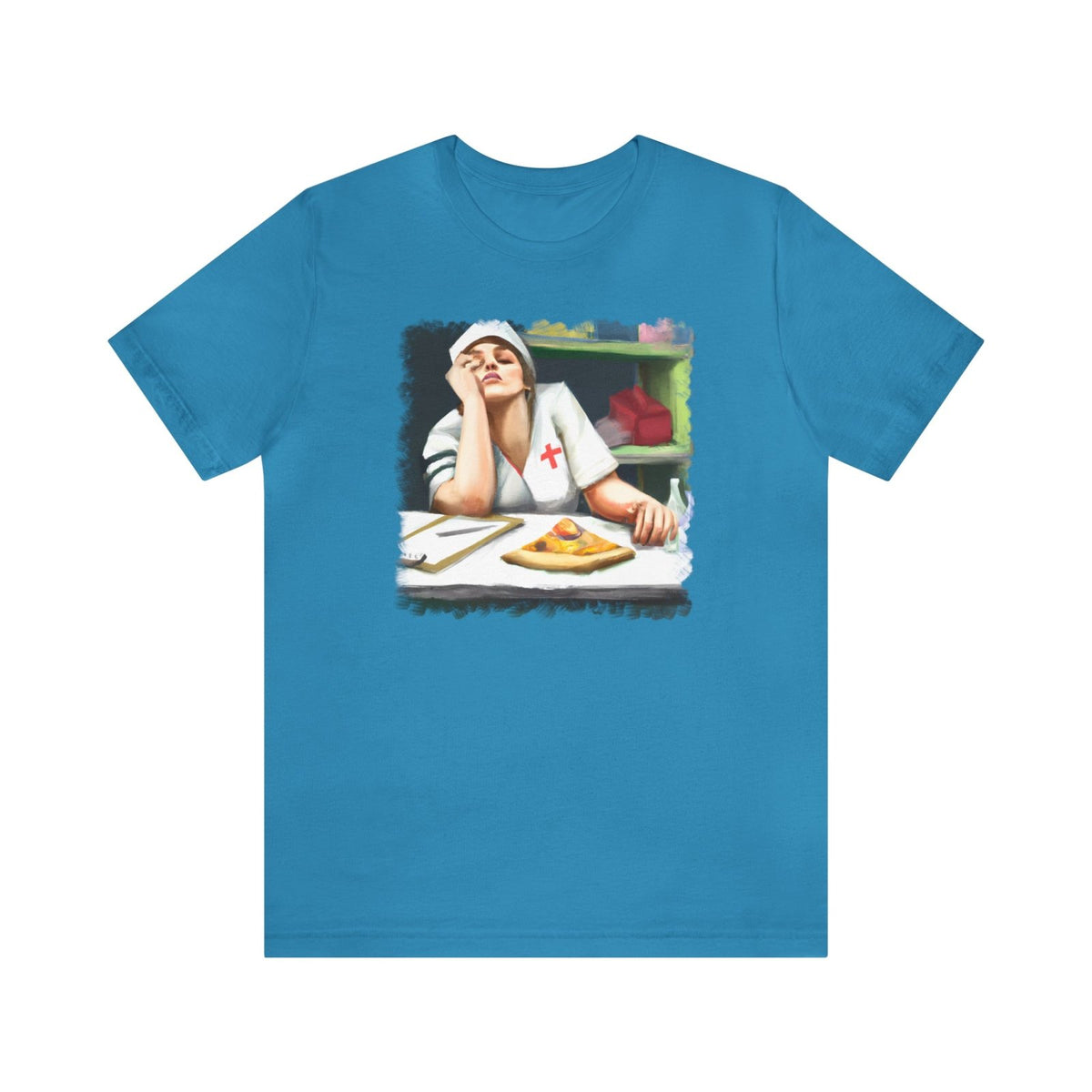 Nurse Appreciation Pizza 2 Unisex T-Shirt, exhausted nurse, nurse pizza meme, nurse apparel, Aqua - Subtle Blue M